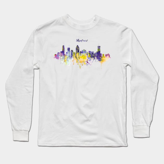 Montreal Watercolor Skyline Long Sleeve T-Shirt by Marian Voicu